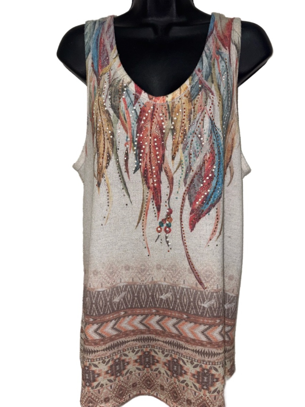 Beautiful Sleeveless Boho Feather Print VOCAL Tank Top - Neutral Multi